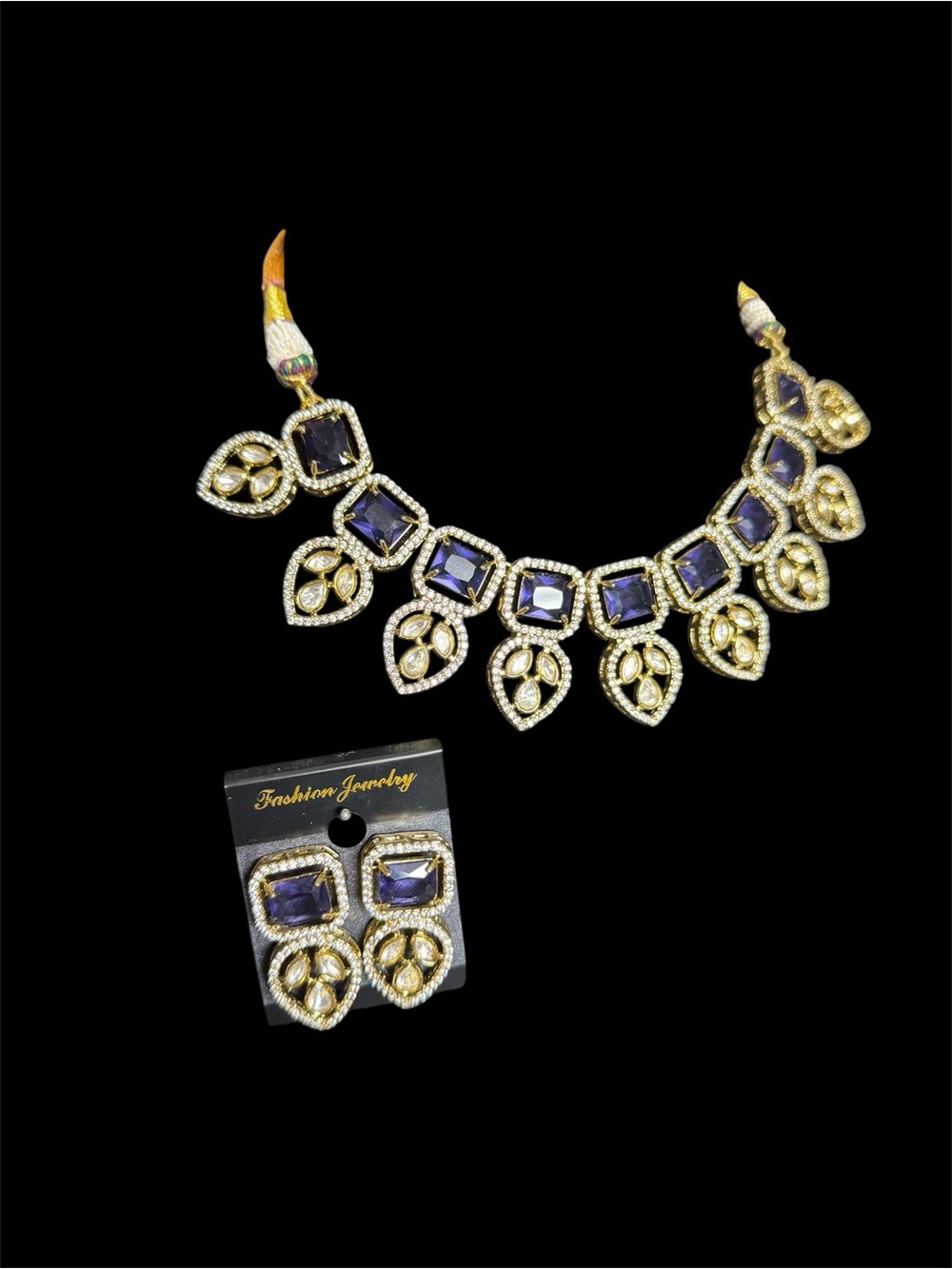Fashion Jewelry Gold and Purple Crystal Necklace with Earrings
